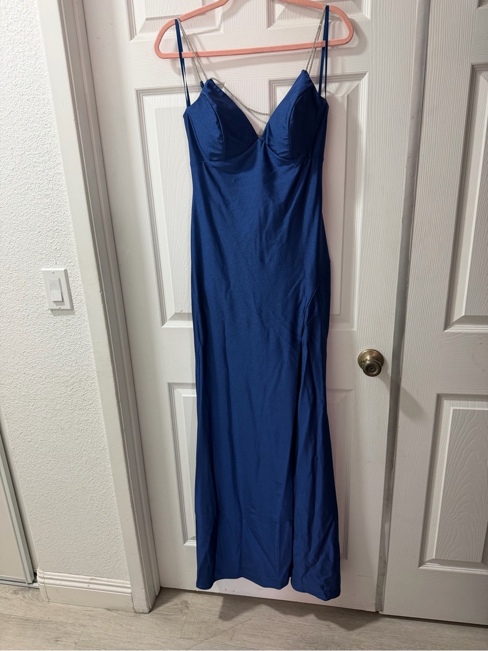 Crystal Doll Royal Blue Strapless Satin Gown with Spaghetti Straps